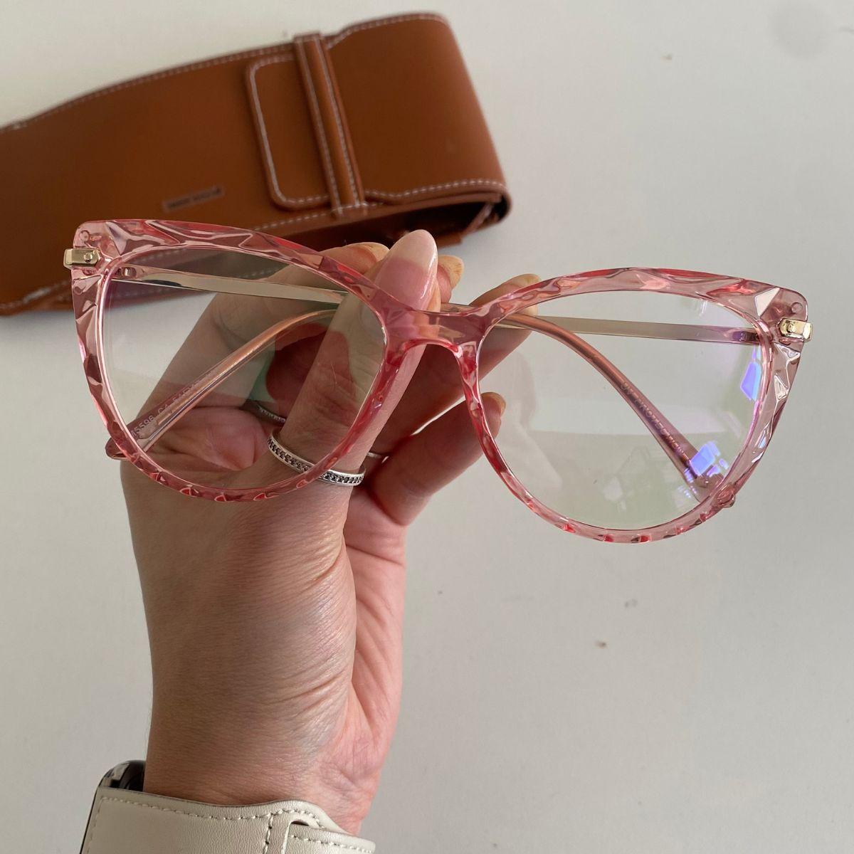 Armação Feminina 3D Transparente Para Grau Geek Diamante Gatinho Olho De Gato Moderna Moda Infinita - C1