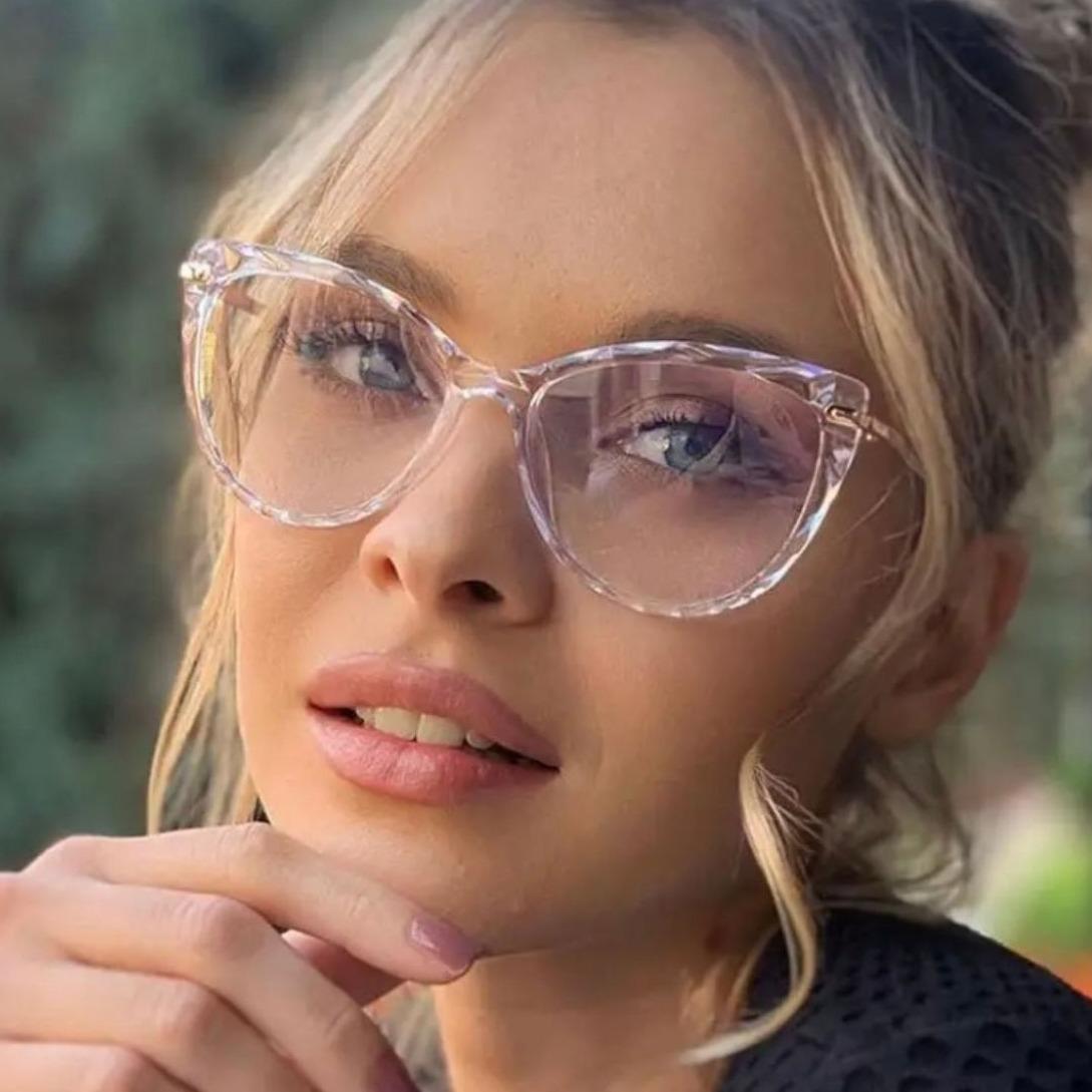 Armação Feminina 3D Transparente Para Grau Geek Diamante Gatinho Olho De Gato Moderna Moda Infinita - C1